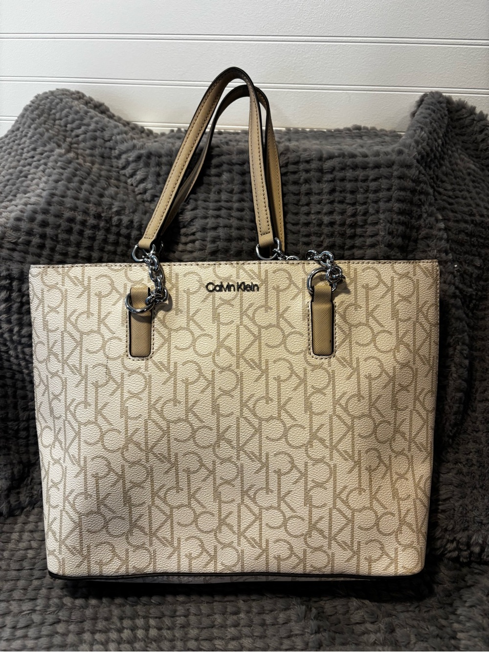 Calvin Klein Cream Logo-Print Tote with Tan Handles
